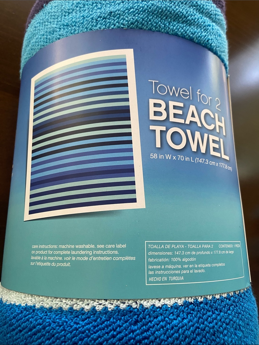 Bed Bath & Beyond Beach Towel for Two (58x70) in blue striped pattern. New - Picture 3 of 5